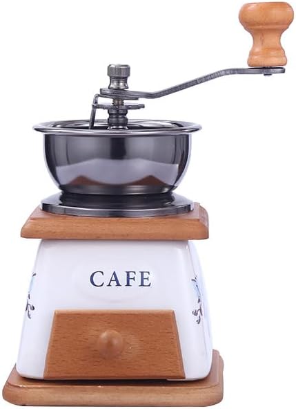 Manual Vintage Ceramic Burr Coffee Grinder with Wooden Base and Drawer, Mini Coffee Grinder with Stainless Steel Bowl, Floral Cafe Pattern, Hand Crank, For Home Kitchen, Travel, Office by Unknown