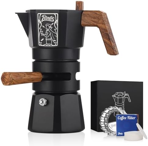 Bincoo 120ML Stovetop Espresso Maker Double Valve Moka Pot with Thermostat Extractor Prevent over-extraction,Italian Espresso Moka Pot with Powder Dispenser and Filter Paper for Home (Black 120ML) by Bincoo