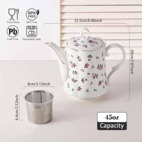 Vintage Floral Tea Pot with Infuser, 45oz, Ceramic Teapot with Tea Strainers for Loose Leaf Tea, Rose Teapots for Tea Party - Image 4
