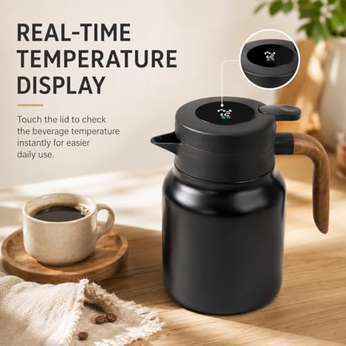 Insulated Coffee Carafe 1000ml, Thermal Coffee Carafe with Temperature Display and Tea Infuser, Carafe for Hot Water, Coffee, Milk, Juice, Office, Travel, Camping (Matte Black) - Image 2
