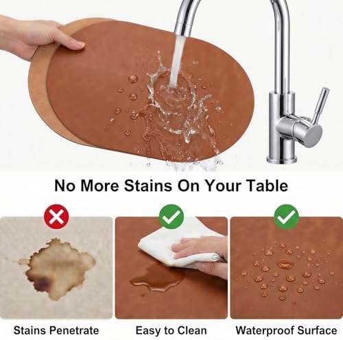Premium Oval Faux Leather Placemat & Coaster Set with Innovative Cork-Look Printed Base，4/6/8-Piece Sets & 8 Colors，Non-Slip Dining Table Mats for Kitchen Dining - Image 3