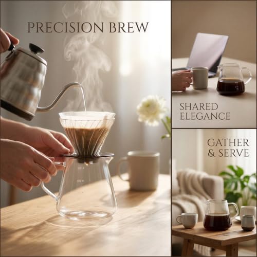 Pour Over Coffee Maker Set, 20.3 fl oz / 600 ml, Conical Glass Dripper with Wood Base, Manual Drip Pour Over Coffee Carafe, Clear Scale for Home, Office, Cafe - Image 5