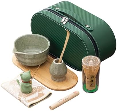 Matcha Whisk Set, Zen Travel Tea Ceremony Kit with Cat Figurine, Bamboo Whisk, Bowl, Incense & Portable Bag - 9-Piece Portable Matcha Set for Mindful Gifting & On-The-Go Rituals (L) by Unknown