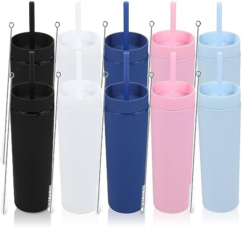 Volhoply 16oz Plastic Skinny Tumbler With Lid and Straw Bulk 10 Pack,Insulated Double Wall BPA Free Matte Acrylic Tumblers,Iced Coffee Travel Reusable Party Cup,Customizable Diy Gifts(Blend,10 Set) by LiveFully%EF%BC%8CDrinkFreely%E2%80%94KeepGoingwithVolhoply%EF%BC%81
