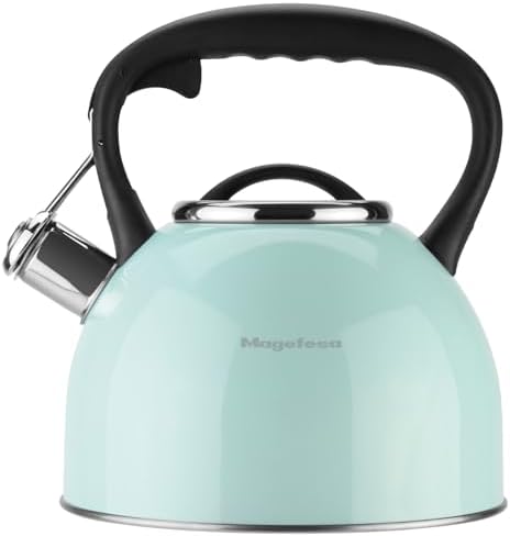 MAGEFESA Esmeralda Stainless Steel Whistling Tea Kettle, 2.9 Qts, Drip-Free Pouring System, Suitable for All Types of Stovetops Including Induction, Removable Lid for Easy Cleaning Teapot by Magefesa