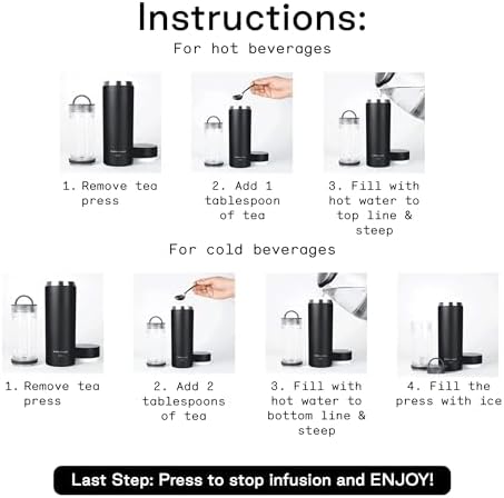 Firebelly Tea, Travel Tea Infuser Mug with Strainer, Insulated Tumbler for Loose Leaf Tea or Coffee, Leakproof Bottle for Hot or Iced Drinks, Stainless Steel Thermos with Lid, Noir - Image 5