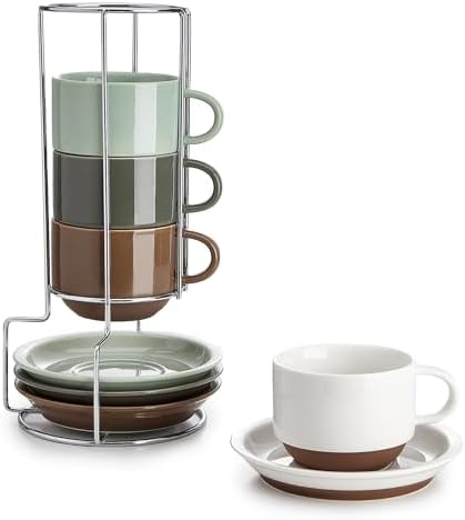 Sweese 8 Ounce Cappuccino Cups Set of 4, Porcelain Stackable Coffee Cups with Saucers and Metal Stand, Earthy Spectrum by Sweese