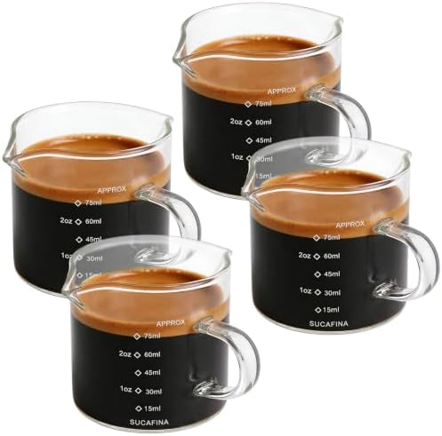 ASelected 4 Pack Espresso Cups with Wood Handle, 100ml/3.5oz Double Spout Glass Measuring Cup with Dual Scale, Clear Espresso Shot Glass with V-Shaped Mouth by GiveYouTheBestChoice