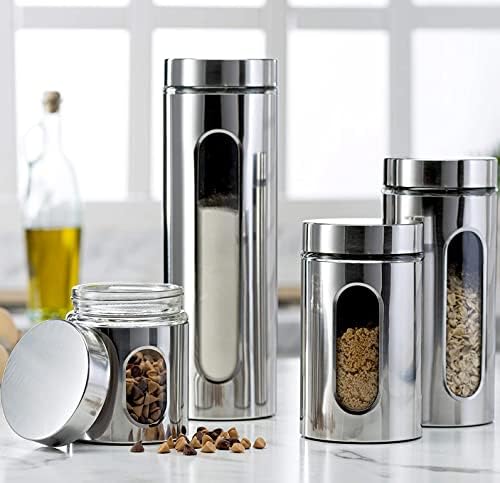 Quality 4pc Stainless Steel Canister Set for Kitchen Counter with Glass Window & Airtight Lids, Food Storage Containers, Pantry Storage & Organization Set for Coffee, Flour, Pasta, Rice, Spices, Herbs by LERAZE