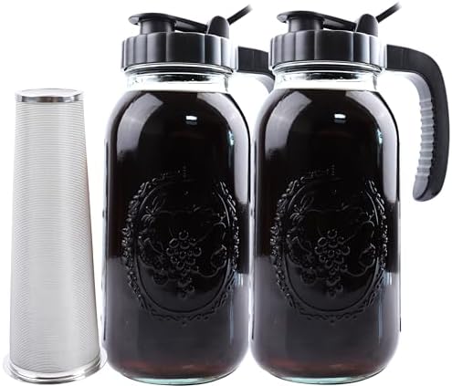 Cold Brew Coffee Maker Half Gallon 2 Set Glass Mason Jar Pitcher With Spout Lid Filter 2 Quart Wide Mouth Iced Tea Brewing Jug Heavy Duty Handle Airtight & Leak-Proof Pitcher For Fridge Sun Tea 64 OZ by GLUKIEWT