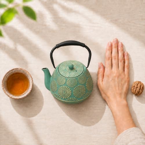 Cast Iron Teapot, 40oz Tea Kettle with Infuser for Stove Top, Sakura Design Japanese Tea Pot for Loose Leaf Coated with Enameled Interior, Silicone Handle 1200ml Green - Image 6