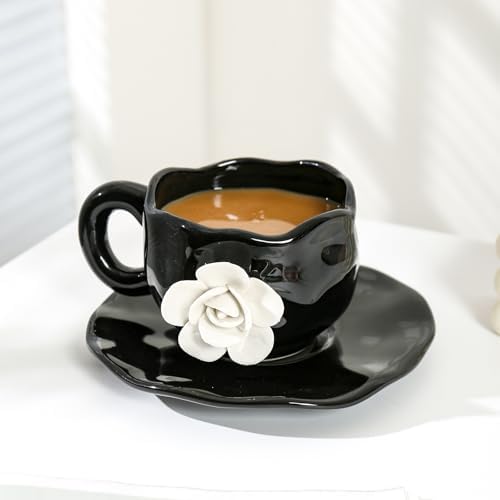 Cute Ceramic Coffee Cups, Unique Fancy Tea Cups with Saucer, 11OZ for Cappuccino Latte Milk (Pack of 2) - Image 3