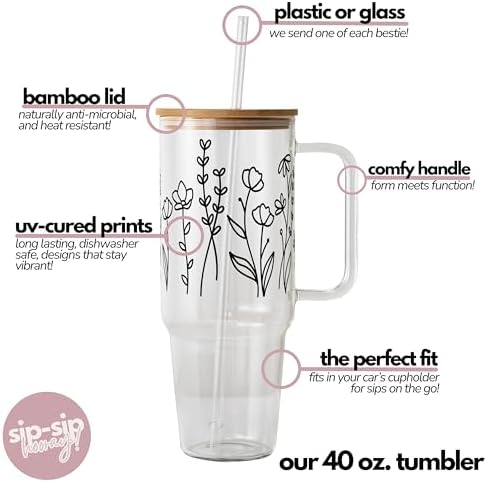 Sip-Sip Hooray! Wildflower 40oz Glass Tumbler with Lid and Straw, Floral Iced Coffee Cup, Cup Holder Compatible, Spring Flower Gift for Women - Image 3