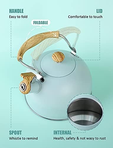 Tea Kettle, BELANKO 85 OZ / 2.5 Liter Whistling Tea Kettle, Tea Pots for Stove Top Food Grade Stainless Steel with Wood Pattern Folding Handle, Loud Whistle Kettle for Tea, Coffee, Milk - Turquoise - Image 4