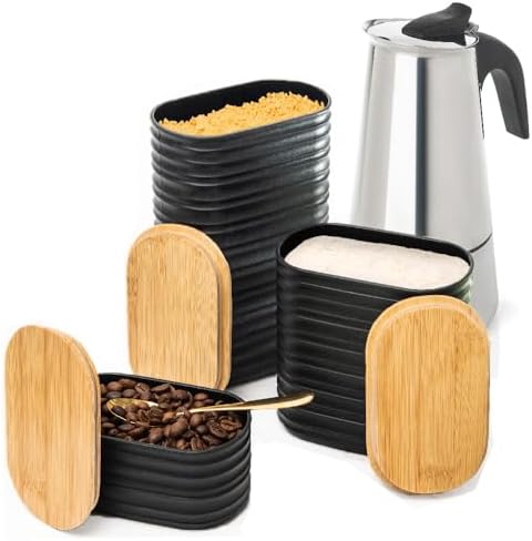 Mixpresso 9 Cup Greca Stovetop Espresso Maker 450ml/15oz, Moka Pot with Coffee Percolator Design, Stainless Steel Stove Top Coffee Maker for Camping or Home Use, Bundle With 3 Piece Black Canisters S by Mixpresso
