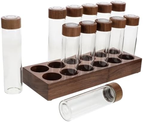Glass Coffee Bean Storage Vials with Wooden Lid and Walnut Base Display by Ciieeo