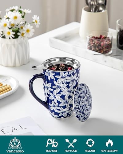 vancasso SELENE Porcelain Tea Mug, 18 oz Porcelain Tea Cup with Infuser and Lid Steeps Loose Leaf Tea, Microwave & Dishwasher Safe, Blossom Cluster - Image 4