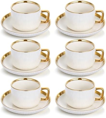 8.5oz Cappuccino Cups with Saucers Set of 6, Ceramic Coffee Cup and Saucer with Gold Rim, Vertical Ribbed Latte Mugs, White Porcelain Tea Cup Set for Wedding, Cafe, Party & Daily Use by Unknown
