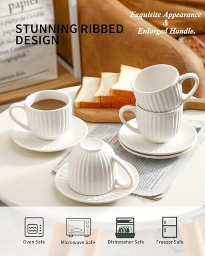 Ceramic Espresso Cups with Saucers 8 Oz,Set of 4 Porcelain Demitasse Cups Set,Small Coffee Cups with Handle for Coffee,Tea,Latte and Macchiato,Cappuccino Mugs for Kitchen and Cafe,White - Image 3
