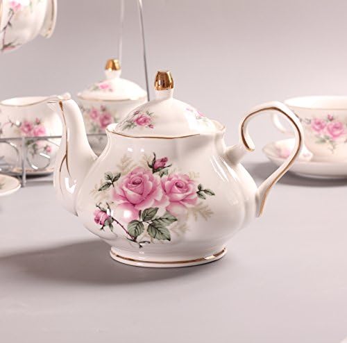 15 Piece European China Coffee Cup Set, Ceramic Porcelain Tea Cup Set with Metal Holder, Tea Gift Sets, Pink Camellia Painting … - Image 6