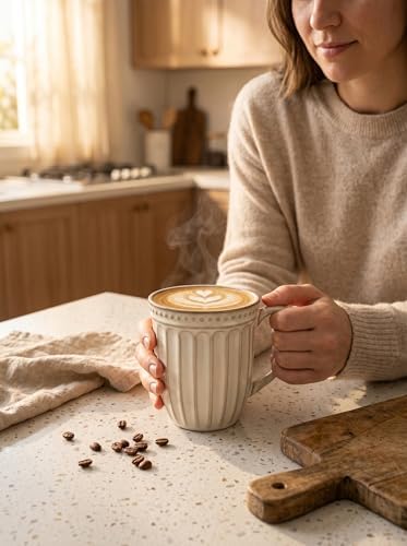 HASENSE Textured Coffee Mugs Set of 4, 16 Oz Ribbed Ceramic Cups with Large Handle for Latte Tea Cappuccino, Stackable Embossed Mugs for Everyday Use, Microwave & Dishwasher Safe, Creamy Beige - Image 6