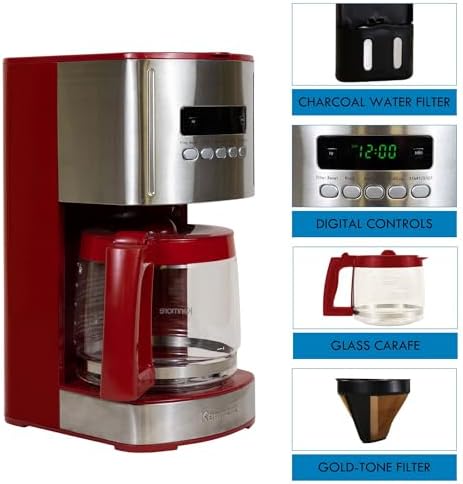 Kenmore Drip Coffee Maker - 12 Cup Programmable Cafe Machine With Glass Pot, Regular & Bold Brew, Auto Shut Off Large Water Reservoir, Reusable Filter, Kitchen Appliances For Cafeteria Barista, Red - Image 4