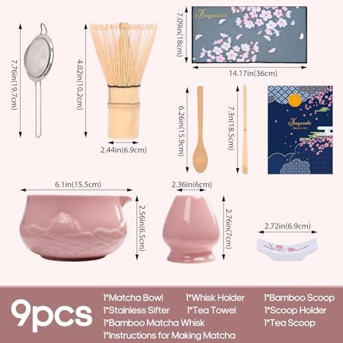 Joyscale Matcha Whisk Set, Matcha Set Whisk And Bowl, 9 Pcs Matcha Kit Set(Relief Mountain Design), 18 OZ, Japanese Matcha Tea Set, Matcha Making Kit Gifts for Tea Lovers(Pink) - Image 3