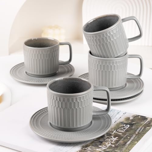 8oz Cappuccino Cups with Saucers Set of 4, 8 Ounce Stackable Embossed Ceramic Coffee Mugs for Specialty Coffee Drinks, Latte Mugs, Cafe Mocha and Tea, Dishwasher & Microwave Safe (Grey) by WHITEPENOY