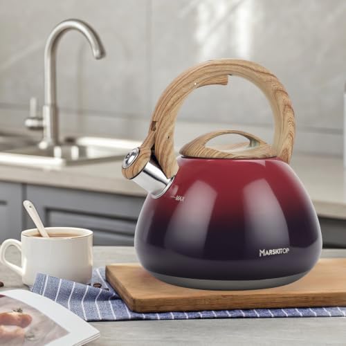 MARSKITOP Stovetop Whistling Tea Kettle, Stainless Steel, 2.6 Quart, Red - Image 2
