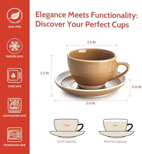 Sweese 6 Ounce Cappuccino Cups with Saucers, Porcelain Double Espresso Cups Set of 4 - Yellow - Image 2