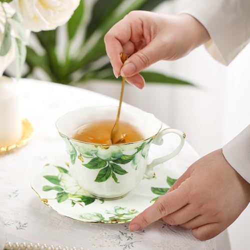 Country Roses Porcelain Tea Cup and Saucer Set with Gold Trim, Vintage Style, For Women and Tea Parties (2, Green) - Image 3
