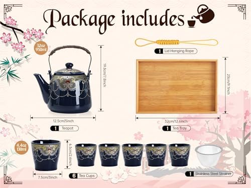 Japanese Tea Set for Adults, Japanese Teapot Set with 1 Teapot (32oz/920ml), 6 Tea cups (4.5oz/130ml), 1 Tea Tray, 1 Stainless Infuser, Kiln altered glaze Porcelain tea set (Jeweled Necklace) - Image 4