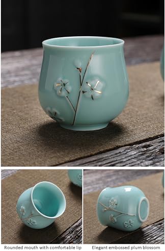 KEYDUACU Japanese Tea Set, Kiln-Formed Ceramic TeaSet, Plum Blossom Embossed, Includes 1 Teapot, 6 Teacups,Tea Tray,Strainer, Used for home, outdoor, gift, Chinese Kung Fu Tea Sets(FDMH-CYAN-MU) - Image 4