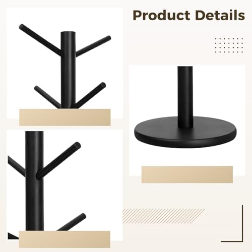 Coffee Mug Tree with 6 Hooks, Freestanding Wooden Coffee Cup Holder for Kitchen Countertops, Black, Space Saving Counter Organizer, Angled Branch Design, Wide Base for Mugs and Cups - Image 3