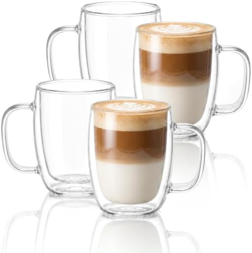 Double Wall Glass Coffee Mugs with Handle, Set of 4-15 oz Insulated Borosilicate Clear Cups for Espresso, Latte, Tea by Unknown
