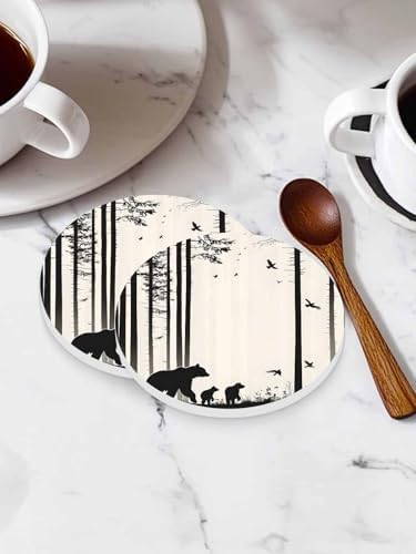 Coasters for Drinks Set of 6 with Holder Abstract Forest Walking Bear Bird Silhouette Natural Scenery Ceramic Cup Mat, Absorbent Ceramic Stone Coasters with Cork Base for Coffee Cups Home Decor 4 Inch - Image 3
