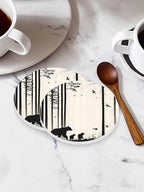 Coasters for Drinks Set of 6 with Holder Abstract Forest Walking Bear Bird Silhouette Natural Scenery Ceramic Cup Mat, Absorbent Ceramic Stone Coasters with Cork Base for Coffee Cups Home Decor 4 Inch - Image 3