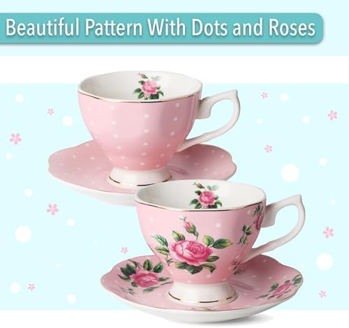 BTaT- Floral Tea Sets for Adults, 13 pcs, Service for 4, Pot (38 oz) & Cups (8 oz) with Saucers, Pastel Pink Floral Design with Gift Box, Porcelain Tea Set for Adult, Dishwasher Safe - Image 4