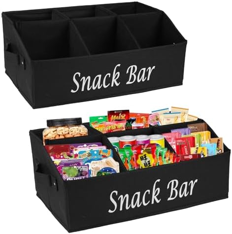2 Pack Snack Organizer for Countertop With Handles - 6 Compartment Box Basket, Bar Station, Kitchen Cabinet Pantry Storage - Black by Xbopetda