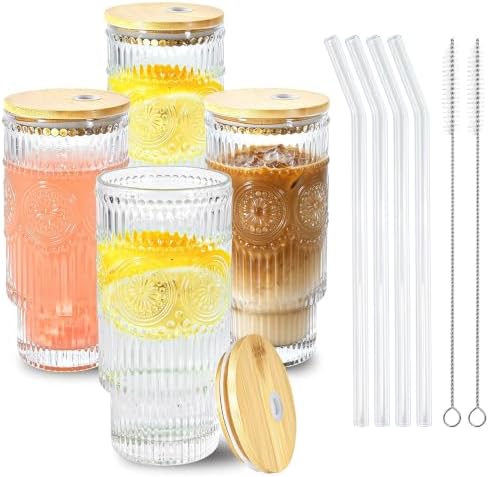 Sunflower Glass Cups with Lids and Straws 16 oz Drinking Glasses Set by ICESIP