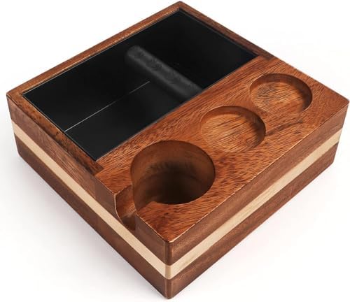 Kmise Natural Walnut Espresso Accessories Organizer Box Fits Espresso Distributor,Tamping Station Base,Tamper Holder-1.5L Coffee Grounds Box (51/54MM) by Kmise