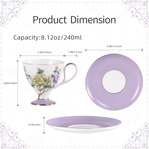 KAMMAK Ceramic Coffee Cups Saucers Set of 2, Porcelain Espresso Cups with Saucers, 8.12 oz Handcrafted Elegant Bone China Tea Cups, Purple Purple & Mint Green Flower Teacup for Party, Office, Gift - Image 2