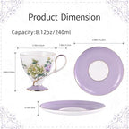KAMMAK Ceramic Coffee Cups Saucers Set of 2, Porcelain Espresso Cups with Saucers, 8.12 oz Handcrafted Elegant Bone China Tea Cups, Purple Purple & Mint Green Flower Teacup for Party, Office, Gift - Image 2