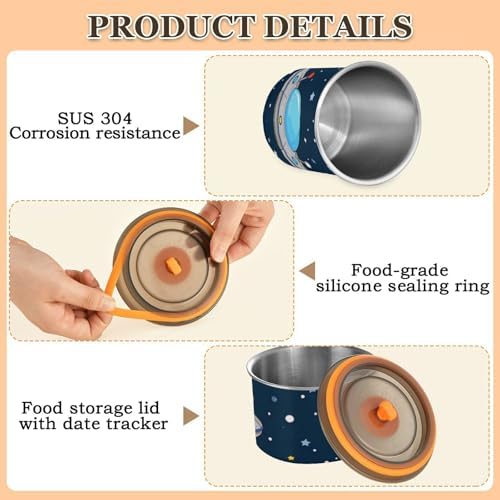 Cartoon Cute Blue-gray Spaceship Designed Storage Containers With Lids Stainless Steel Cereal Container 1 Button Opening Coffee Canister - Image 5