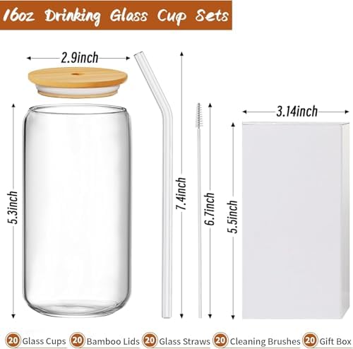 20Pcs Glass Cups with Bamboo Lids and Straws, 16oz Can Shaped Glass Tumbler - Image 7