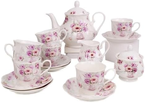 Guangyang 15-PCS Porcelain Tea Cup set for Adult,Purple Fancy Floral Pattern (A set Include 1-pcs 39 oz Teapot, 1-pcs 8 oz Sugar Bowl, 1-pcs 8oz Creamer and 6-pcs 7oz Cup and 6-pcs 5.5inche saucer) by HOME