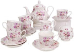 Guangyang 15-PCS Porcelain Tea Cup set for Adult,Purple Fancy Floral Pattern (A set Include 1-pcs 39 oz Teapot, 1-pcs 8 oz Sugar Bowl, 1-pcs 8oz Creamer and 6-pcs 7oz Cup and 6-pcs 5.5inche saucer) by HOME