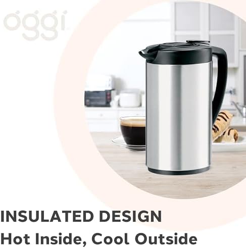 OGGI Oval Carafe Glass Liner - Stainless Steel Body, 1 Liter / 34oz Capacity - Ideal Glass Vacuum Coffee Carafe and Tea Thermos, Press Button for Easy Pouring - Stainless - Image 4
