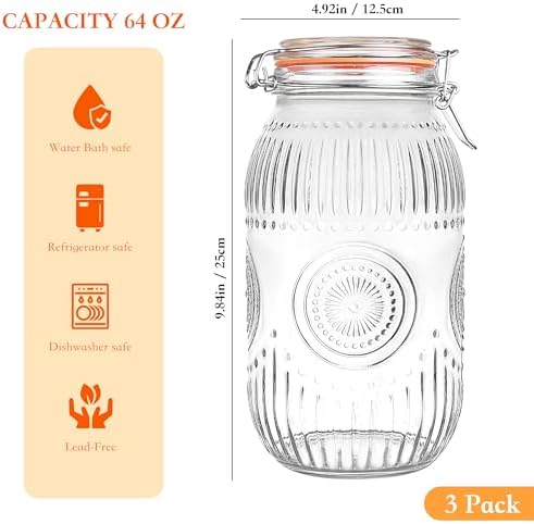 Amzcku Wide Mouth Vintage Mason Jars with Airtight Lid 64oz 2 Quart, Canister Quart Jars for Kitchen Storage - for Coffee, Sugar, Beans 3 Pack - Image 2