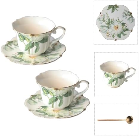 Vintage Floral Porcelain Tea Cup and Saucer Set with Spoon, Gold Trim, 6.4 oz – Set of 2, Green – Tea & Espresso & Coffee Cups (2, White Camellia) by Unknown